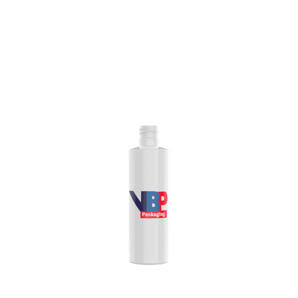 The image displays a VB Packaging 8.0oz HDPE Bottle. The bottle is cylindrical with a smooth white surface and a flat, round base. It features a narrow neck with a standard screw cap closure. The overall design is simple and functional, intended for containing various liquid products. 