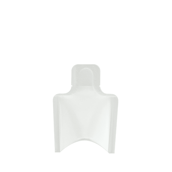 A 5 ml Xela Pack 0.2oz Paper Sachet is displayed against a white background. The sachet is rectangular with a smooth, flat surface and has a small, spout-like opening at the top for dispensing the contents. The packaging is primarily white with minimal text and branding elements.