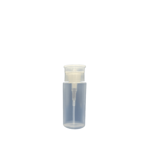 The image features the Garrett Hewitt International 5.1oz PP Bottle. The bottle has a cylindrical shape with smooth, clear plastic that allows visibility of the contents inside. It is topped with a white, flat screw-on cap. The overall design is sleek and minimalistic, making it suitable for various liquid products. The bottle stands upright on a flat surface, showcasing its compact and functional form.