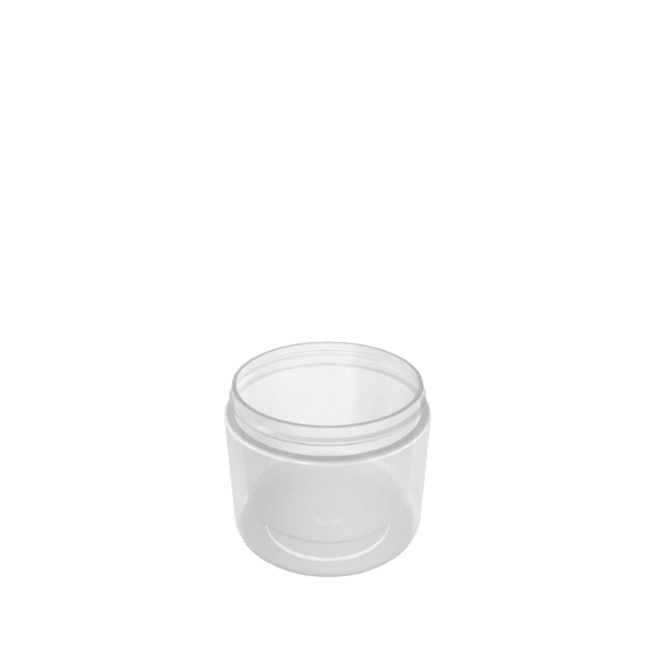 The image shows the "Cosmetic Specialties International 4.0oz PP Jar 413." It is a clear plastic jar with a white screw-on lid. The jar has a smooth, cylindrical shape with a slightly rounded base and straight sides. The lid appears to have a flat top with a ridged edge for easy gripping. The jar is empty and clean, highlighting its transparent nature and simple, functional design.