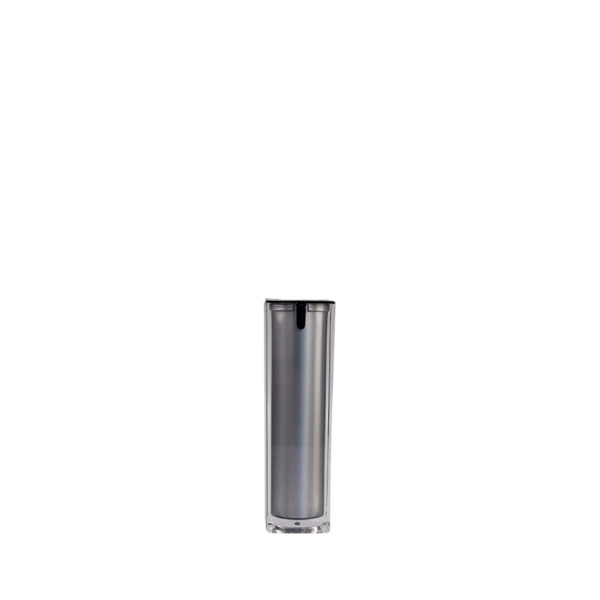 The image shows the Garrett Hewitt International 1.0oz Acrylic Airless Bottle GRB-30. The bottle has a sleek, cylindrical design with a clear acrylic outer body that reveals an inner container. The top of the bottle features a smooth, shiny silver cap. The overall aesthetic is modern and elegant, suitable for various cosmetic or skincare products.