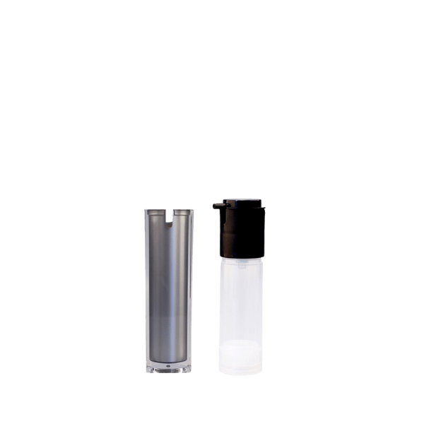 The image shows the Garrett Hewitt International 1.0oz Acrylic Airless Bottle GRB-30. The bottle is sleek and cylindrical with a transparent acrylic outer shell, revealing an inner container. The top of the bottle features a white pump dispenser with a clear cap. The design is modern and elegant, making it suitable for high-end cosmetic products.