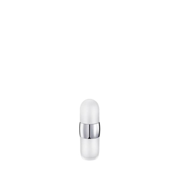 The image shows the Garrett Hewitt International 0.5oz PMMA Airless Bottle. The bottle is sleek and cylindrical with a transparent outer shell, which reveals an inner container. The cap is also transparent, maintaining the clean and modern design. The bottle is designed to dispense liquid without air exposure, preserving the contents efficiently. The overall aesthetic is minimalist and functional.