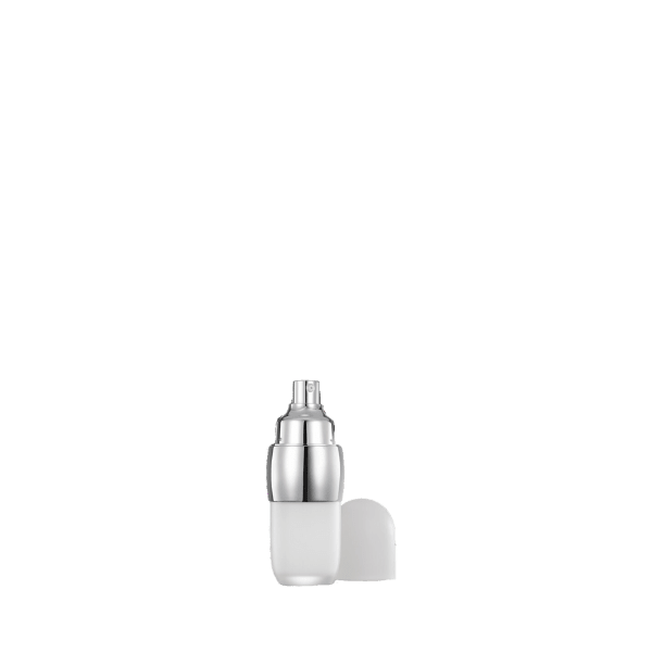 The image displays the Garrett Hewitt International 1.7oz PMMA Airless Bottle GL50RB1. It is a clear cylindrical bottle with a sleek design, featuring a white pump dispenser and a matching white cap. The bottle appears to be made of a high-quality, transparent material that showcases the contents inside.