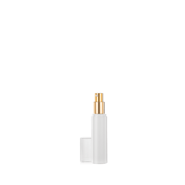 The image shows the Garrett Hewitt International 0.5oz PP Airless Bottle GL15RB. It is a small, cylindrical bottle with a sleek and modern design. The bottle is primarily white with a translucent body, allowing a view of the contents inside. It features a smooth, rounded cap and a pump dispenser for precise application. The overall appearance is clean and minimalistic, suitable for various cosmetic and skincare products.