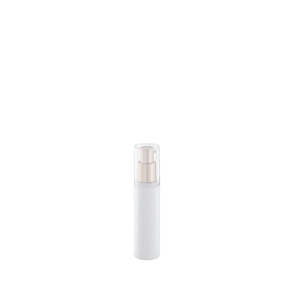 The image shows the Garrett Hewitt International 0.5oz PP Airless Bottle GL15RB. The bottle is cylindrical with a clear body that allows visibility of the contents inside. It has a white pump dispenser at the top, which is designed to be airless to protect the product inside from contamination. The bottle sits on a flat, white base that matches the dispenser. The overall design is sleek and modern, suitable for various liquid or cream products.