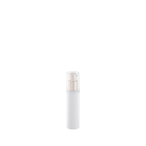 The image depicts the Garrett Hewitt International 1.0oz PP Airless Bottle GL30RB. The bottle is cylindrical with a smooth, white body and a clear, rounded cap. The design is sleek and modern, with a minimalistic appearance. The bottle appears to have a pump mechanism, visible through the clear cap, indicating its airless feature. This airless design helps in maintaining the integrity of the product inside by preventing air exposure. The overall look is clean and professional, suitable for various cosmetic and skincare products.