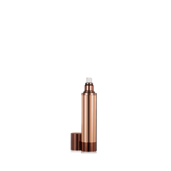 The image shows a Garrett Hewitt International 3/4oz SAN Airless Bottle (GL100AA). The bottle is cylindrical with a clear body, allowing the contents inside to be visible. It has a white, opaque pump dispenser at the top, designed for dispensing the product without air exposure. The overall design is sleek and modern, suitable for various liquid or gel-based products.