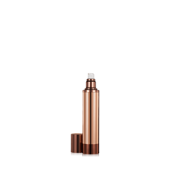 The image shows the Garrett Hewitt International 4.1oz SAN Airless Bottle (GL120AA). The bottle is sleek and cylindrical with a clear, transparent body that allows visibility of the contents inside. It features a shiny, metallic silver pump dispenser on top, which is designed for airless functionality. The base of the bottle is also silver, matching the dispenser, giving it a modern and elegant appearance. The overall look is clean and professional, suitable for a variety of cosmetic or skincare products.