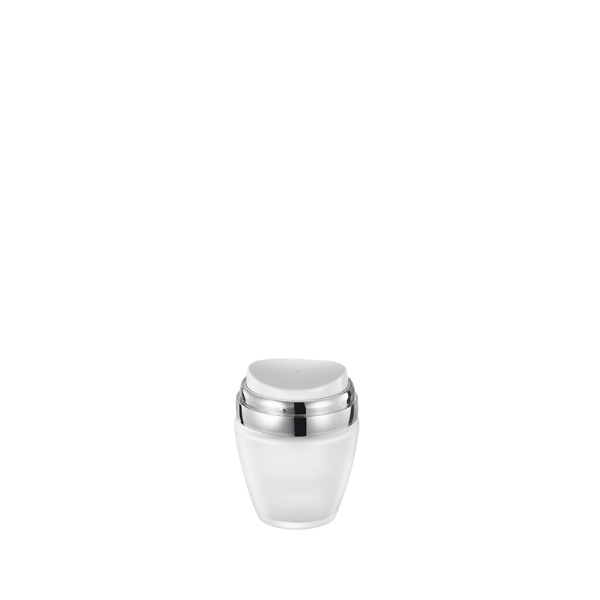 The image shows the Garrett Hewitt International 1.0oz PMMA Airless Jar GL30TJ. The jar features a clear cylindrical body with a smooth, slightly domed, and opaque white lid. The base of the jar appears to be solid and flat, providing stability for placement on surfaces. The overall design is sleek and modern, with clean lines and a minimalist aesthetic. The jar is intended for holding cosmetic or skincare products, ensuring they remain uncontaminated and fresh.