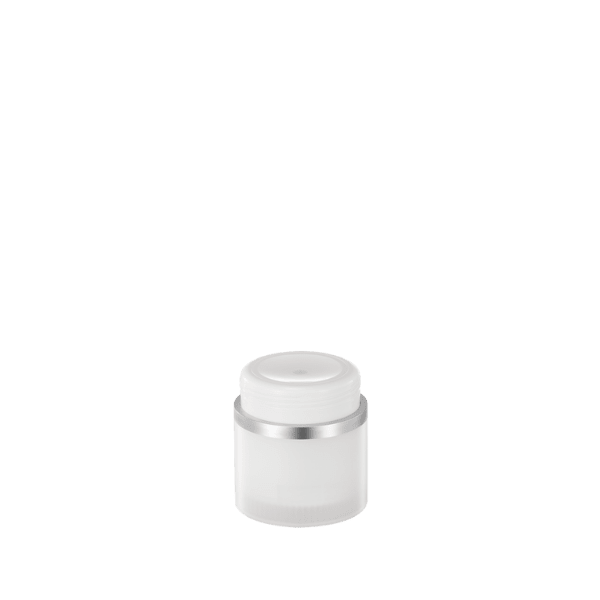 The image displays the Garrett Hewitt International 1.0oz PP Airless Jar (GL30RJ). The jar is white and cylindrical with a smooth, polished surface. It features a clear, transparent lid that reveals the top of the jar. The jar is designed for cosmetic or skincare products, showcasing a sleek and modern design. The airless pump mechanism is visible through the transparent lid, highlighting its functionality.