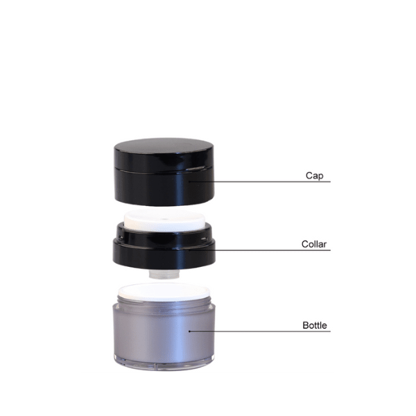 The image shows a Garrett Hewitt International 0.5oz ABS Airless Jar (GRI-15). The jar has a sleek, cylindrical design with a glossy white finish. It features a clear, smooth cap and a pump mechanism for dispensing the product inside. The overall appearance is modern and elegant, suitable for high-end cosmetic or skincare products.