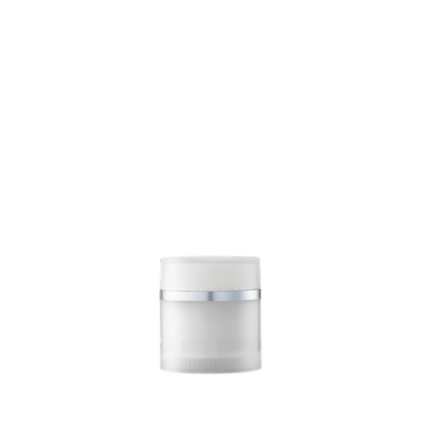 The image features the Garrett Hewitt International 1.0oz PP Airless Jar GL30RJ. The jar is cylindrical with a smooth, glossy white body and a matching white cap. The cap is slightly larger in diameter than the body, creating a small lip at the top. The airless jar design includes a pump mechanism at the top, which is not visible in this particular image. The overall appearance is clean and minimalist, suitable for holding various cosmetic or skincare products.