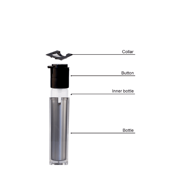 The image shows the Garrett Hewitt International 1.0oz Acrylic Airless Bottle (GRB-30). The bottle has a sleek, cylindrical shape with a transparent body and a polished, silver-colored pump and cap. The pump is designed to dispense the product without exposing it to air, maintaining the integrity of its contents. The transparent body allows visibility of the product inside, and the overall design is modern and elegant.