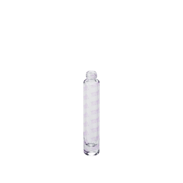 The image shows a clear, cylindrical glass bottle with a narrow neck, which appears to be designed for holding small quantities of liquid. The bottle has a simple, minimalist design with smooth surfaces and a small opening at the top. The product is identified as the "Jerhel Plastics Inc. 0.4oz Glass Bottle (JI-642)." The bottle is displayed against a plain white background.