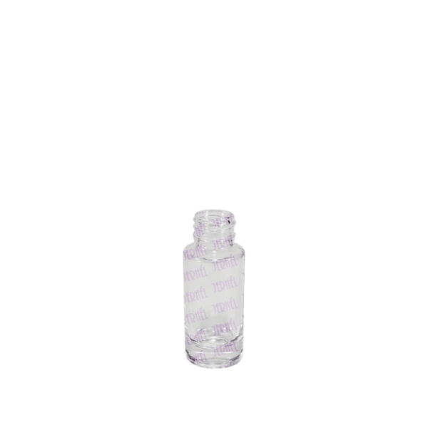 The image shows a clear glass bottle with a sleek, cylindrical design. The bottle has a short neck and a screw-on cap. The product is named "Jerhel Plastics Inc 0.7oz Glass Bottle (JI-2117)." The bottle appears to be empty and is displayed against a plain, white background.