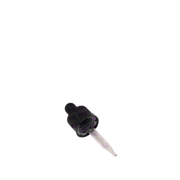 The image shows a Jerhel Plastics Inc. PP Dropper 18-415. The product consists of a clear, elongated pipette attached to a white screw-on cap. The dropper is designed for precision dispensing of liquids and fits bottles with an 18-415 neck finish. The pipette is cylindrical with a narrow tip for controlled drops.