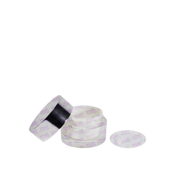 The image shows a clear plastic jar with a white screw-on lid. The jar has a smooth, cylindrical shape and is empty, showcasing its transparent design. The product name is "Jerhel Plastics Inc. 1.7oz Jar (JI-2273)."