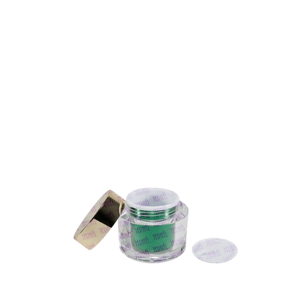 The image shows the Jerhel Plastics Inc. 1.7oz Jar. The jar is cylindrical with a wide mouth and a smooth, flat base. It appears to be made from a clear, transparent material, allowing the contents inside to be visible. The jar features a simple, clean design with a screw-on lid that is also transparent. The lid has a slightly rounded top and fits snugly onto the jar, ensuring a secure closure. This container is typically used for storing creams, lotions, or other small quantities of cosmetic or personal care products.