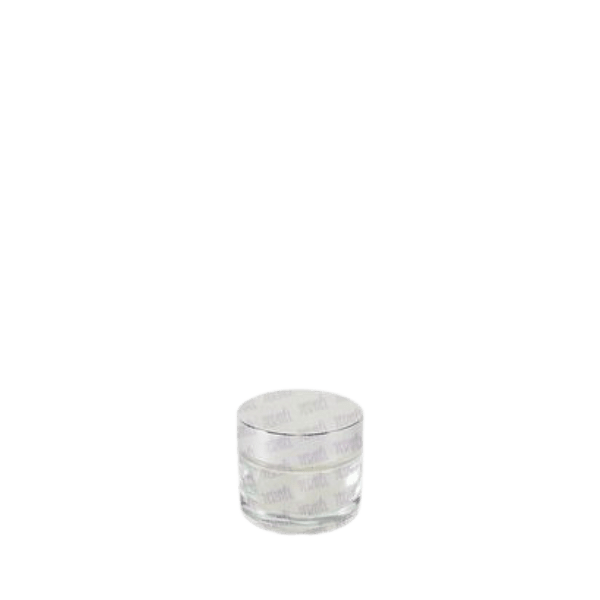 The image shows the Jerhel Plastics Inc. 1.7oz Glass Jar (JI-2190). The jar is transparent with a cylindrical shape and a wide mouth. It features a smooth, glossy surface and has a silver metallic screw-on cap. The jar is empty and stands upright, displaying its clarity and simple design.