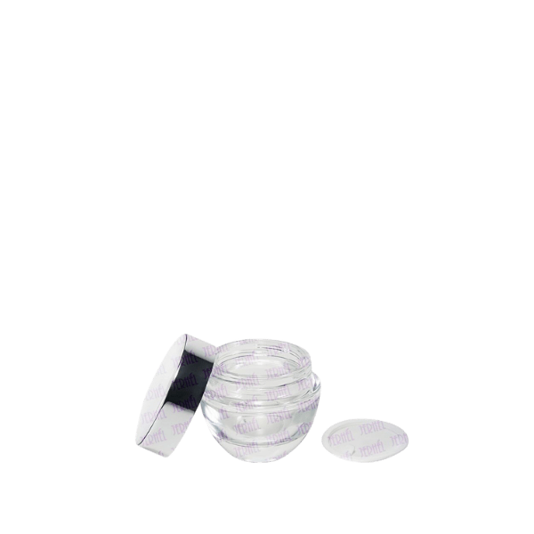 The image displays a clear glass jar with a smooth, cylindrical shape. The jar has a wide mouth and thick glass walls, providing a sturdy appearance. The product name is Jerhel Plastics Inc. 1.7oz Glass Jar (JI-2191). The jar is empty and does not have a lid in the image. The background is plain and white, highlighting the transparency and simplicity of the jar.