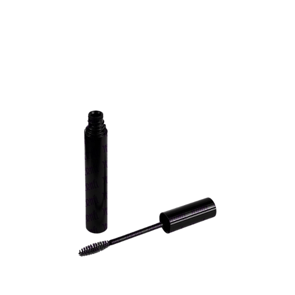 The image shows a clear plastic mascara tube with a sleek, cylindrical design. The tube is labeled as the "Jerhel Plastics Inc. 0.4oz PETG Mascara Tube." The mascara tube has a transparent body, allowing the product inside to be visible. The cap is also clear and slightly tapered toward the top, fitting snugly onto the main body of the tube. The overall appearance is modern and minimalist.