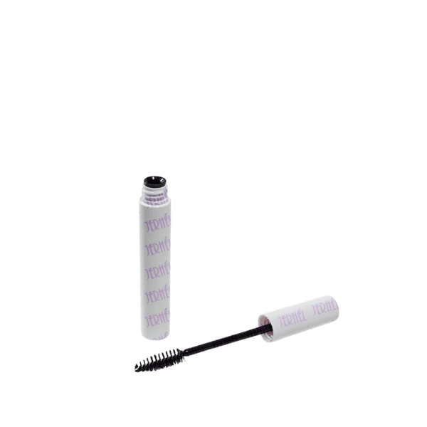 The image shows a clear, cylindrical mascara tube with a black cap. This is the Jerhel Plastics Inc 0.3oz PET Mascara Tube. The tube is transparent, allowing the contents inside to be visible. The cap appears to be secure and sleek, providing a modern and clean look to the overall design.