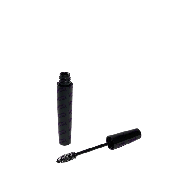 The image displays the Jerhel Plastics Inc. 0.4oz Mascara Tube JI-855. The tube is cylindrical with a sleek, shiny black finish. It features a screw-on cap that likely houses the mascara wand. The overall design is minimalist and elegant, suitable for cosmetic use.