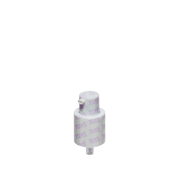The image shows the Jerhel Plastics Inc. Pump 20-410 JI-760. This product is a white plastic pump dispenser with a smooth finish. The pump features a cylindrical body that tapers slightly towards the top, where it connects to a broader, flat-top dispensing head with a rounded actuator. The actuator is designed to be pressed down to dispense liquid. The pump also has a long dip tube extending from the bottom, which is used to draw liquid from the container it is attached to.