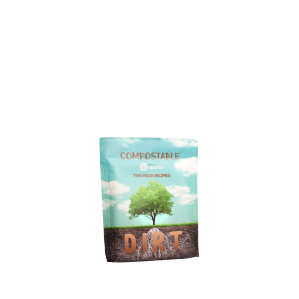The image shows the Elk Packaging 6.0oz Flat Compostable Pouch. The pouch is a flat, rectangular bag with a zip-lock closure at the top. It is primarily white with a matte finish and features a transparent window on the front, allowing the contents inside to be visible. The top of the pouch has a tear notch for easy opening. The overall design is simple and clean, suitable for a variety of products.