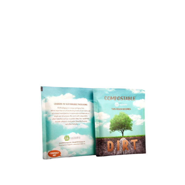 The image shows a 14.0oz Flat Compostable Pouch by Elk Packaging. The pouch is light brown in color and features a smooth, matte finish. The front of the pouch has a clear rectangular window in the center, allowing the contents inside to be visible. There is a resealable zipper closure at the top of the pouch, and the bottom is designed to expand for a flat, stable base. The overall design is simple and functional, ideal for packaging various dry goods.