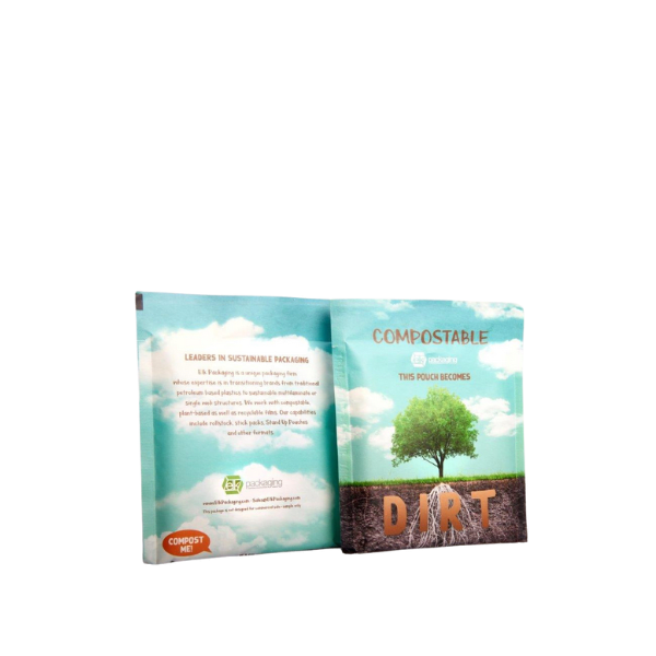 The image features the Elk Packaging 18.0oz Flat Compostable Pouch. The pouch is displayed standing upright, showcasing its flat, rectangular shape with a gusseted bottom that allows it to stand. The pouch has a smooth, matte surface and appears to be made from a natural, kraft-like material. The front of the pouch is plain without any visible text or branding, highlighting its simple and functional design.