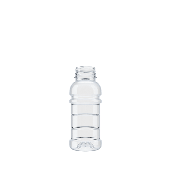 The image shows a Resilux 8.0 oz PET Bottle. The bottle is clear and cylindrical with a smooth, transparent surface. It has a narrow neck and a screw-top opening, designed for easy sealing. The bottle is empty and stands upright, highlighting its sleek and simple design. The overall appearance is clean and minimalistic, suitable for storing a variety of liquids.