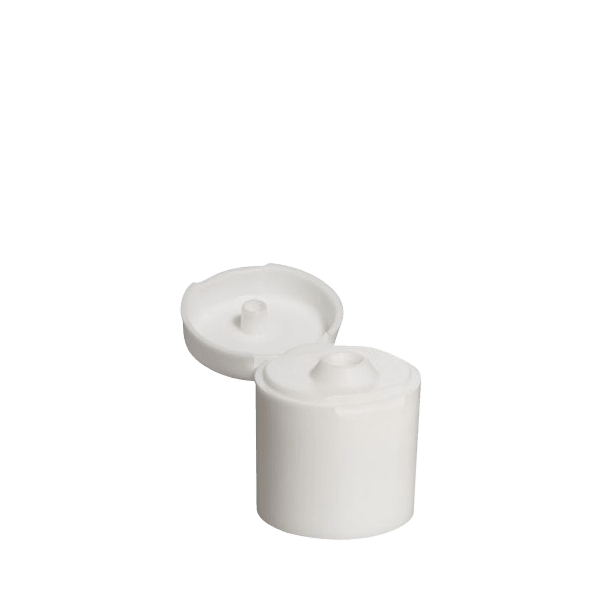 The image features the MENSHEN PP Flip Top Cap 24/415. The cap is white and has a smooth, rounded design. It appears to be made of plastic and designed for use with bottles, featuring a flip-top mechanism for easy opening and closing. The cap's hinge is visible, indicating where it opens, and the overall appearance is sleek and functional.