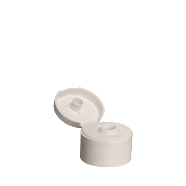 The image shows a Menshen PP Flip Top Cap 28/410. The cap is circular and designed for bottles, featuring a smooth surface with a hinged flip-top lid. The cap is predominantly white, with clean lines and a simple design. The flip-top lid is closed, seamlessly fitting into the base part of the cap.