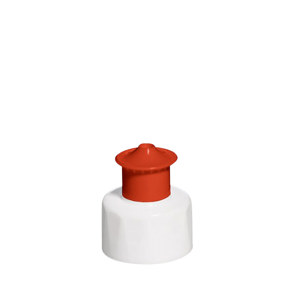 The image shows a Menshen PE Push-Pull Cap 28/410. The cap is cylindrical with a smooth, white surface and a push-pull mechanism at the top. The design includes a small, rounded tip that protrudes when the cap is in the "open" position, allowing liquid to be dispensed. The base of the cap has a threaded section that enables it to be securely attached to a compatible container. The overall appearance is clean and functional, suitable for various liquid dispensing applications.