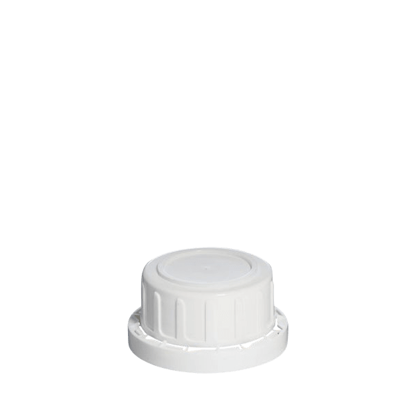 The image shows the Menshen PP Threaded Closure 32 Chemical Closure. It is a white, circular cap designed for chemical containers. The cap features a ridged, textured edge for grip and ease of opening. The top surface of the closure is flat and smooth. The threading inside the cap is visible, indicating it is designed to screw onto the matching container.