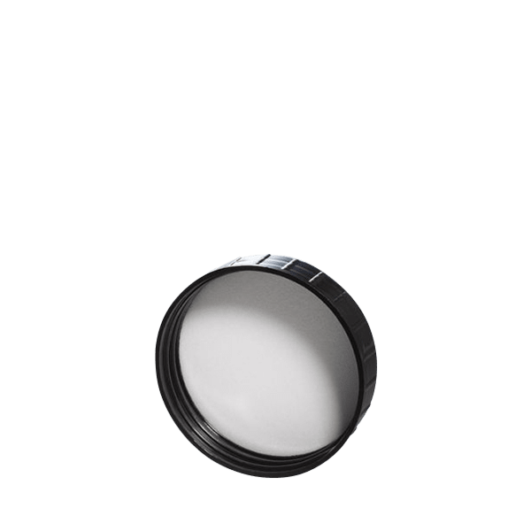The image shows the Menshen PE Threaded Closure 50 Chemical Closure. It is a white, circular, screw-on cap designed for chemical containers. The cap has a ribbed edge for better grip and appears to be made of sturdy plastic. The top surface is smooth and flat.