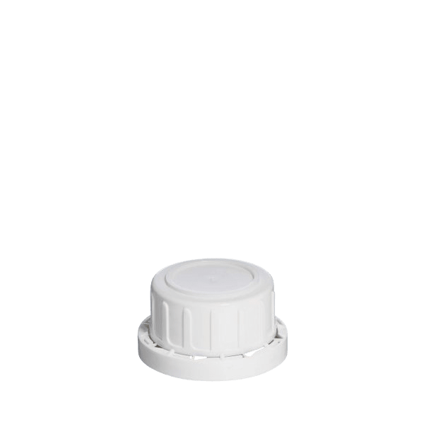 The image shows the MENSHEN PP Threaded Closure 32 Chemical Closure. The product is a white, circular, screw-on cap designed for chemical containers. It features threaded ridges on the inside for secure attachment and a smooth, flat top surface. The closure is intended to provide a tight seal for bottles or containers, ensuring the contents are safely contained. The clean and simple design highlights its functionality and ease of use.