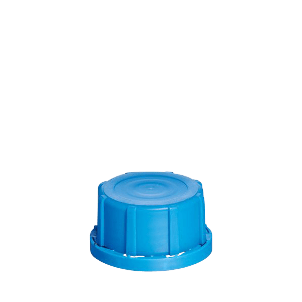 The image shows a Menshen PP Threaded Closure 45 Chemical Closure. It is a circular, plastic cap with a threaded design, allowing it to securely screw onto corresponding containers. The cap features a ridged edge, which provides grip for easy opening and closing. The color of the closure is a solid, opaque white.