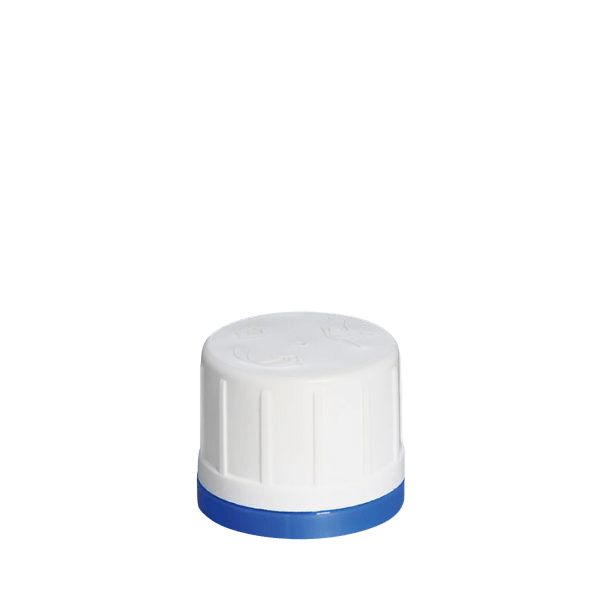 The image shows a MENSHEN PP Threaded Closure 32 Chemical Closure 34501-3. This plastic closure is predominantly white and features a threaded design, which is typical for securing the opening of containers. The cap has a smooth, slightly rounded top surface with a small, circular indentation in the center. The threading is visible along the inner edge, designed to screw onto a corresponding container neck. The overall design appears robust and functional, suitable for securely sealing chemical products.