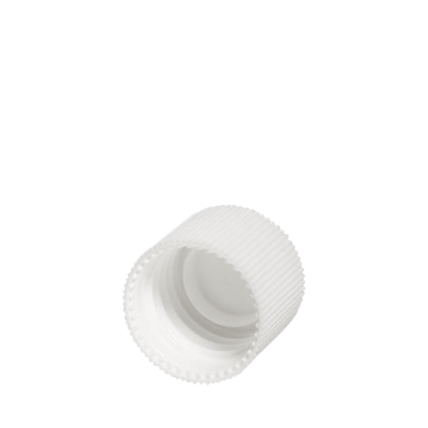The image shows a Menshen PE Threaded Closure 22 Screw Closure. It is a small, cylindrical, white plastic cap designed for sealing containers. The closure has a smooth texture with visible threading on the inside to ensure a secure fit. The top of the cap is flat, providing a clean and simple appearance.