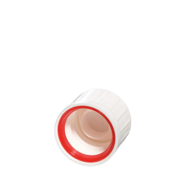 The image shows a Menshen PP Threaded Closure 16 Screw Closure. It is a small, cylindrical plastic cap with a smooth, flat top. The closure has a ribbed exterior for easy gripping and screwing onto compatible containers. The color of the closure is white, and it appears to be made of polypropylene (PP) material.