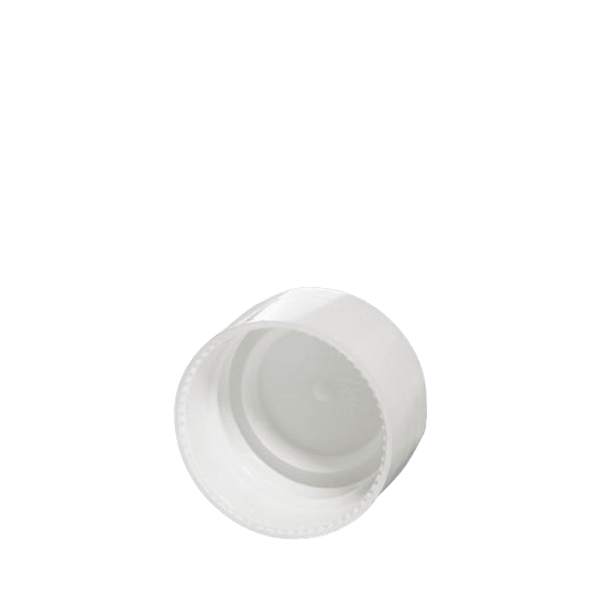 The image displays a Menshen PP Threaded Closure 28/410 Screw Closure. The product is a small, cylindrical cap made from plastic, featuring threading on the inside for secure attachment. The closure is designed to fit a 28/410 neck finish. Its surface is smooth, and it has a ridged outer edge for easy grip. The color of the closure is white.
