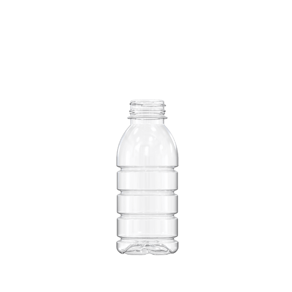 The image shows a Resilux 12.0 oz PET Bottle. The bottle is transparent with a smooth surface, a cylindrical shape, and a slightly tapered neck leading up to a screw cap. The overall design is simple and functional, suitable for holding beverages or other liquids.