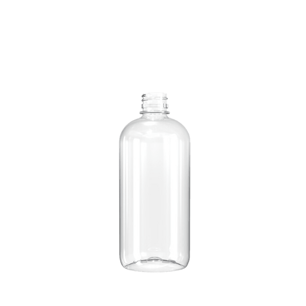 The image shows the Hudson Associates 20.7oz PET Bottle, specifically the HA 20oz Boston Round 28-Ratchet 44gm AO PET model. The bottle has a cylindrical shape with smooth, clear plastic walls and a rounded shoulder that transitions into a short neck with a 28-ratchet finish. The bottle is empty and transparent, showcasing its clean, sleek design suitable for various liquid products.