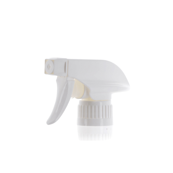 The image shows the APG Packaging Mixed Material Sprayer 28-0.410-0. The sprayer features a white plastic trigger mechanism and nozzle attached to a cylindrical bottle. The nozzle appears to be adjustable for different spray settings. The sprayer is designed for dispensing liquids and is commonly used for household or cosmetic products.