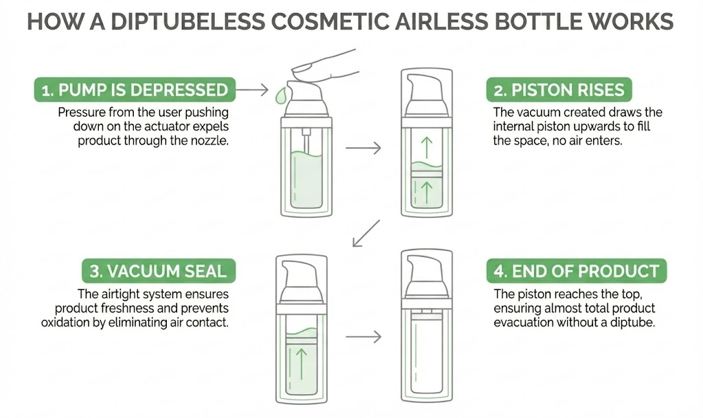 Infographic diagram illustrating the 4-step vacuum mechanism of a cosmetic airless pump bottle.