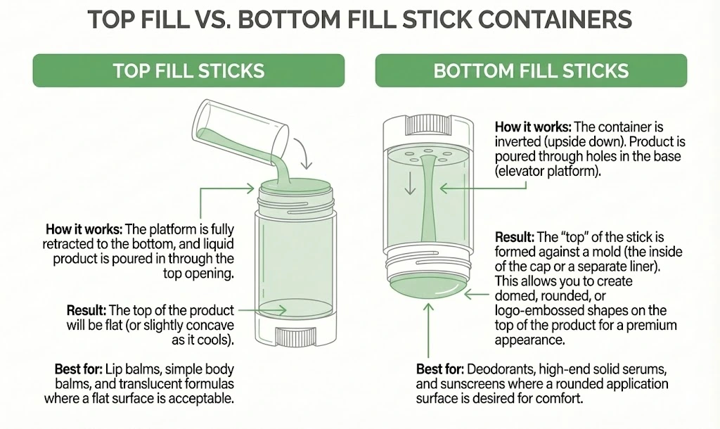 Infographic comparing Top Fill vs. Bottom Fill stick containers. The diagram illustrates the manufacturing process: Top Fill involves pouring product into an upright tube for a flat finish (best for lip balms), while Bottom Fill involves pouring through the base of an inverted tube to create a domed shape (best for deodorants).