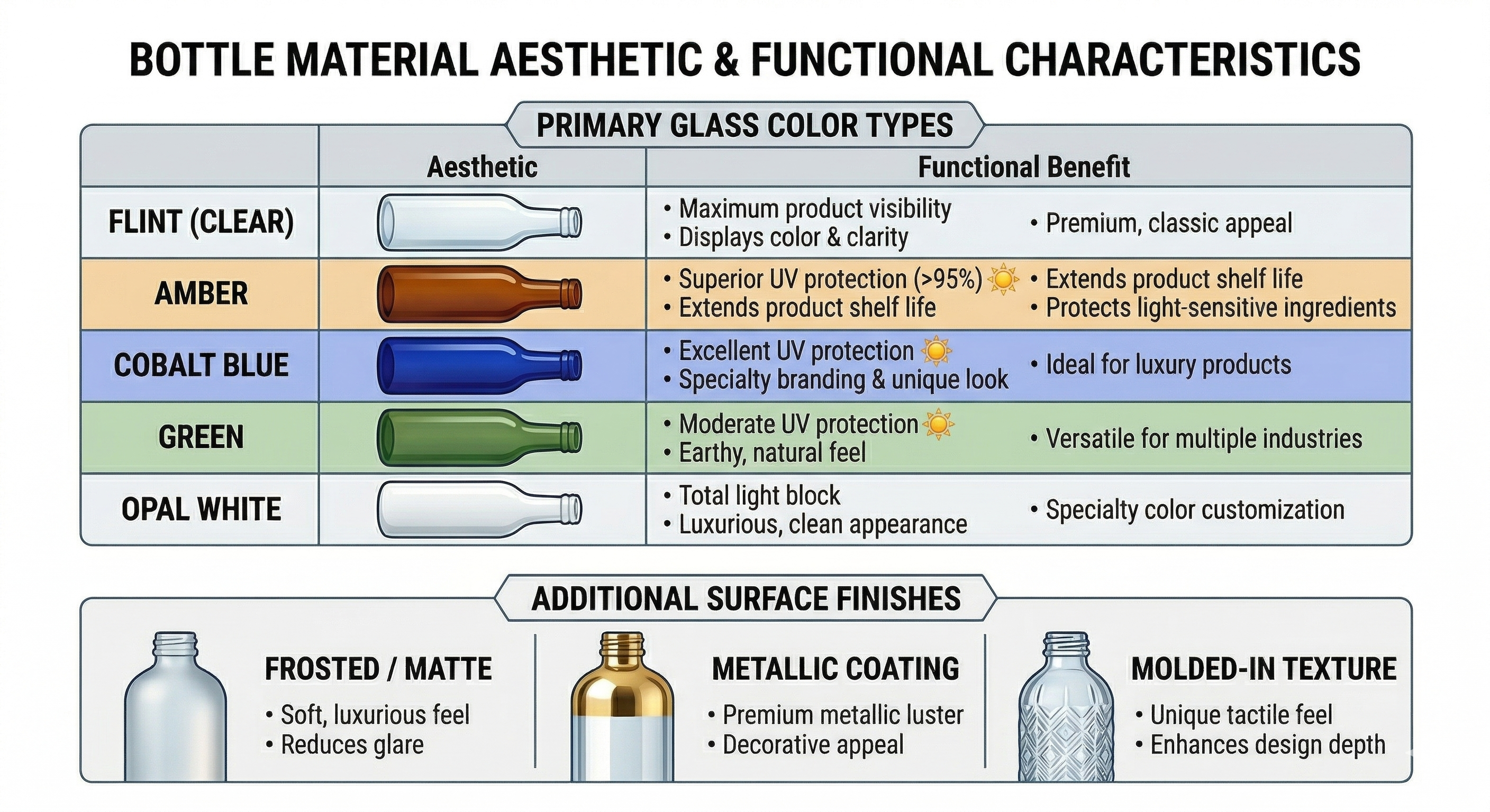 Glass bottle color and finish options matrix showing clear flint, amber, cobalt blue, frosted, and coated glass finishes for cosmetic packaging